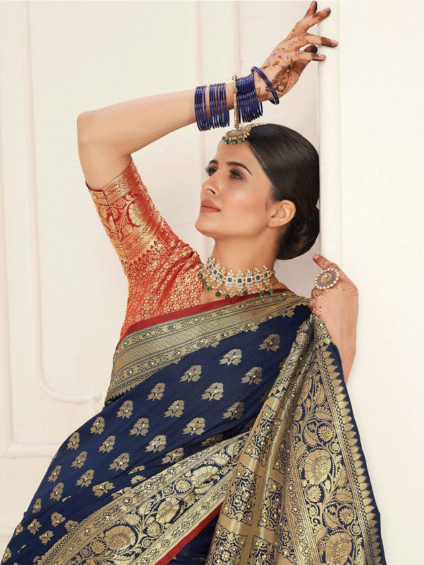 Women's Navy Blue Silk Weave Designer Saree - Odette