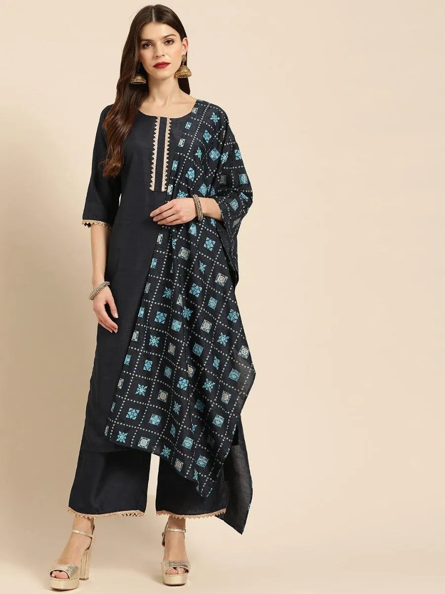 Navy Blue Solid Chanderi Suit Set - Jashvi