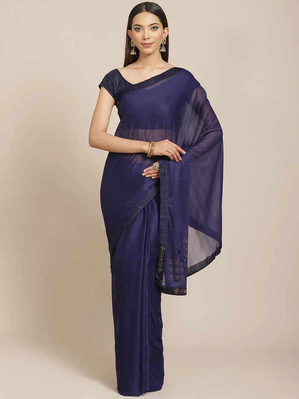 Navy Blue Solid Chiffon Saree - Jashvi