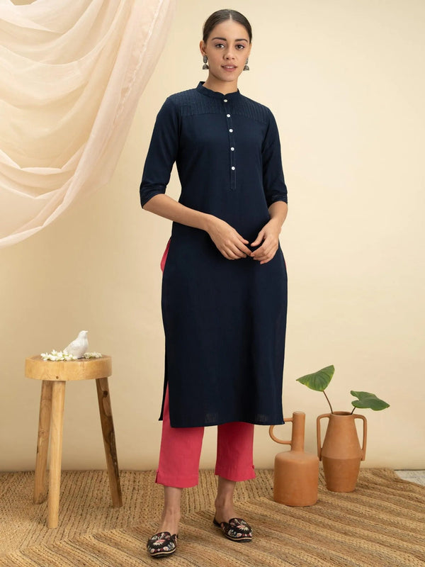 Navy Blue Solid Cotton Kurta - Jashvi