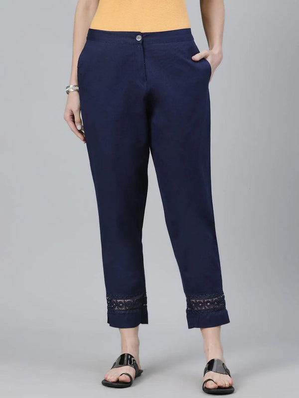 Navy Blue Solid Cotton Palazzos - Jashvi