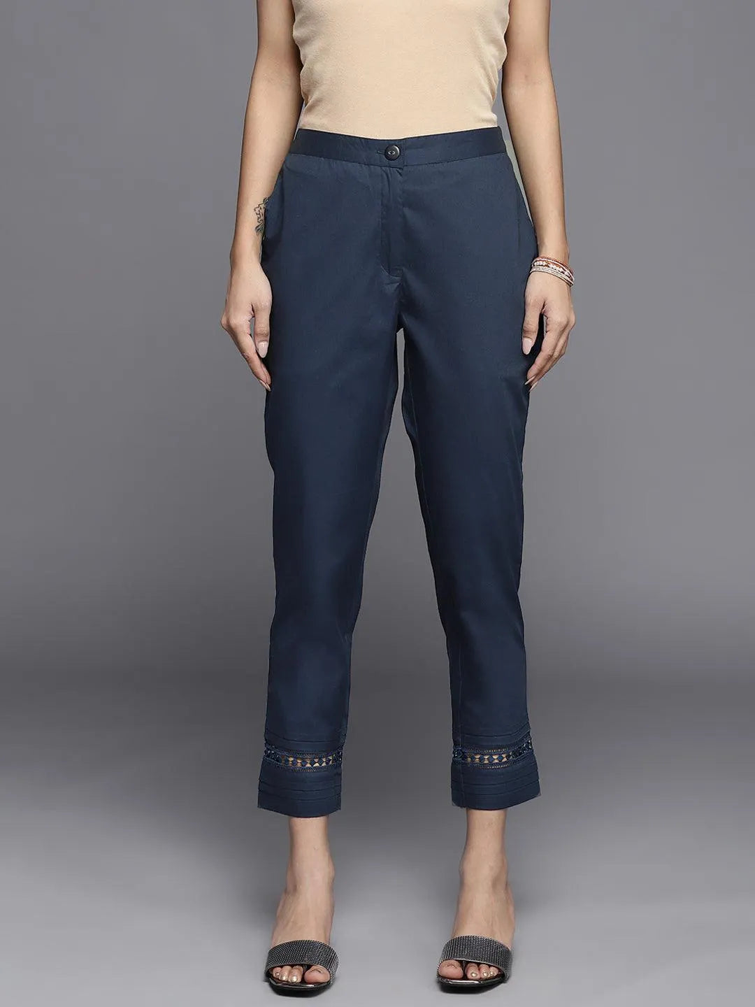 Navy Blue Solid Cotton Trousers - Jashvi