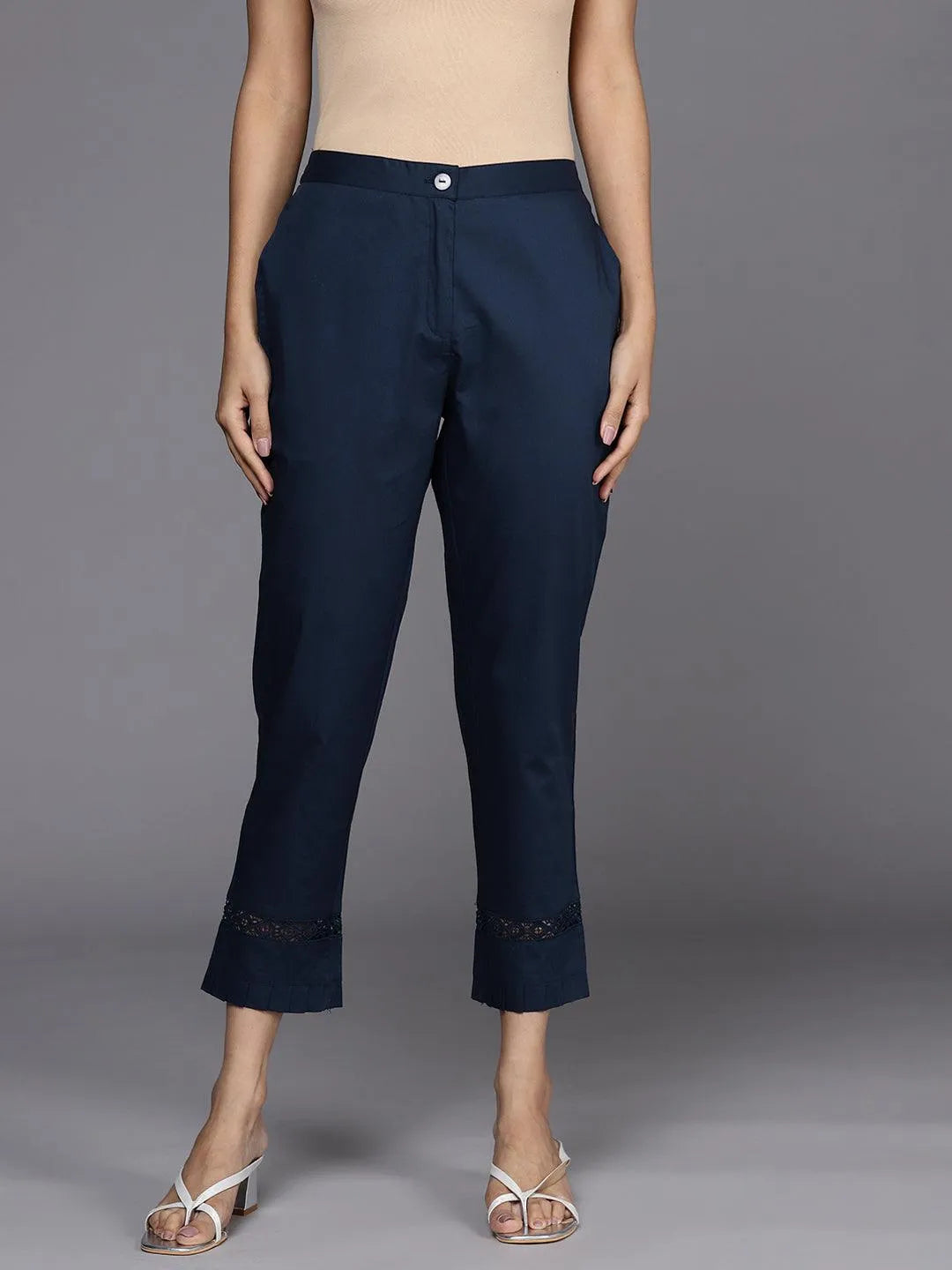 Navy Blue Solid Cotton Trousers - Jashvi