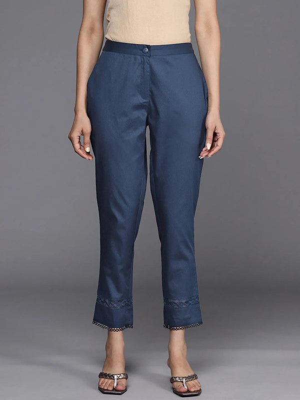 Navy Blue Solid Cotton Trousers - Jashvi