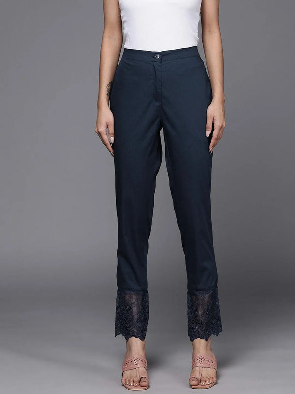 Navy Blue Solid Cotton Trousers - Jashvi