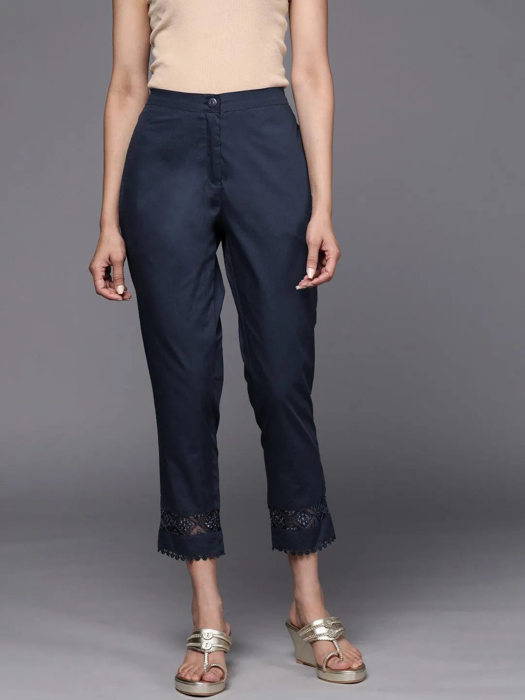 Navy Blue Solid Cotton Trousers - Jashvi