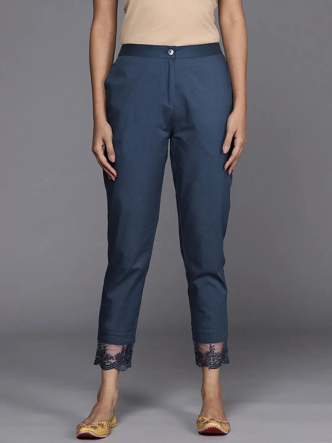 Navy Blue Solid Cotton Trousers - Jashvi