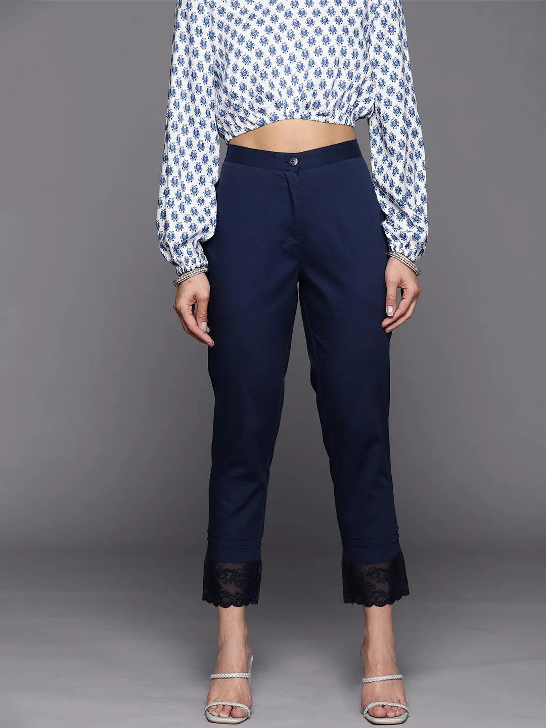 Navy Blue Solid Cotton Trousers - Jashvi