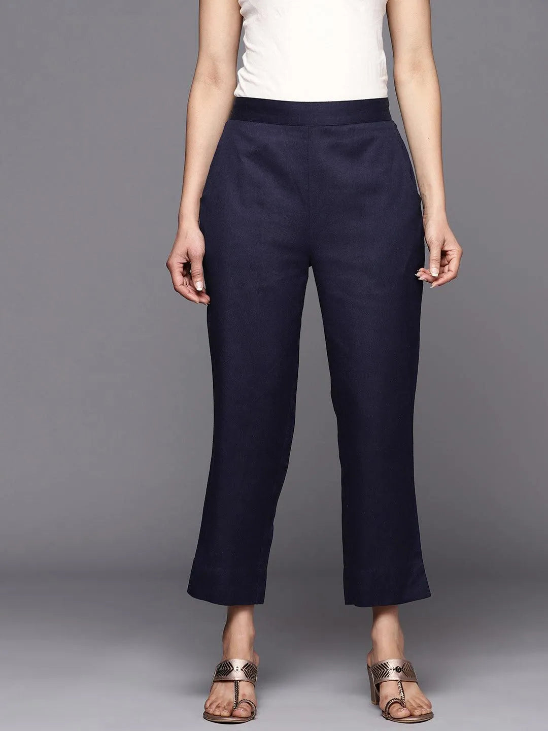 Navy Blue Solid Cotton Trousers - Jashvi