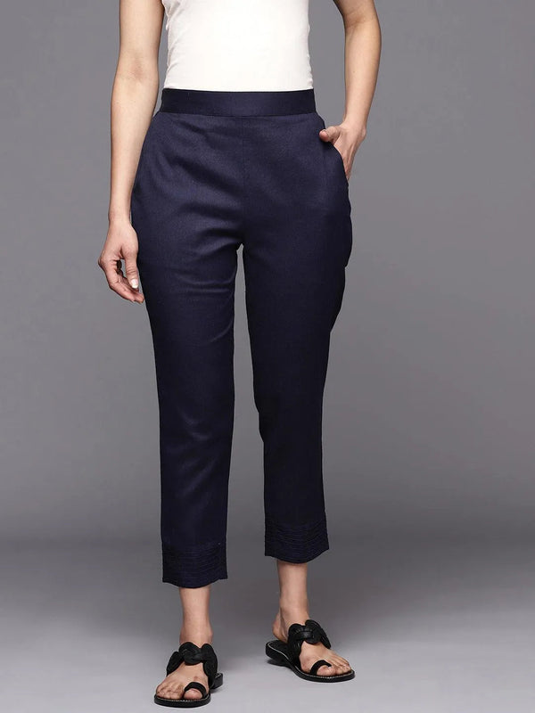 Navy Blue Solid Cotton Trousers - Jashvi