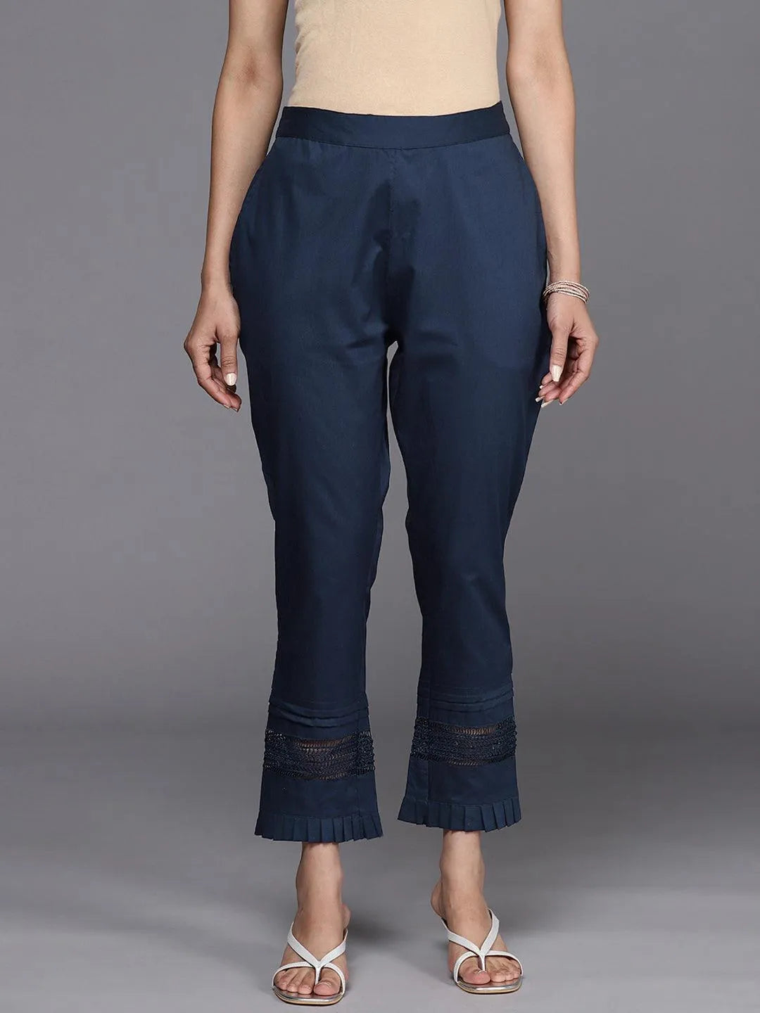 Navy Blue Solid Cotton Trousers - Jashvi