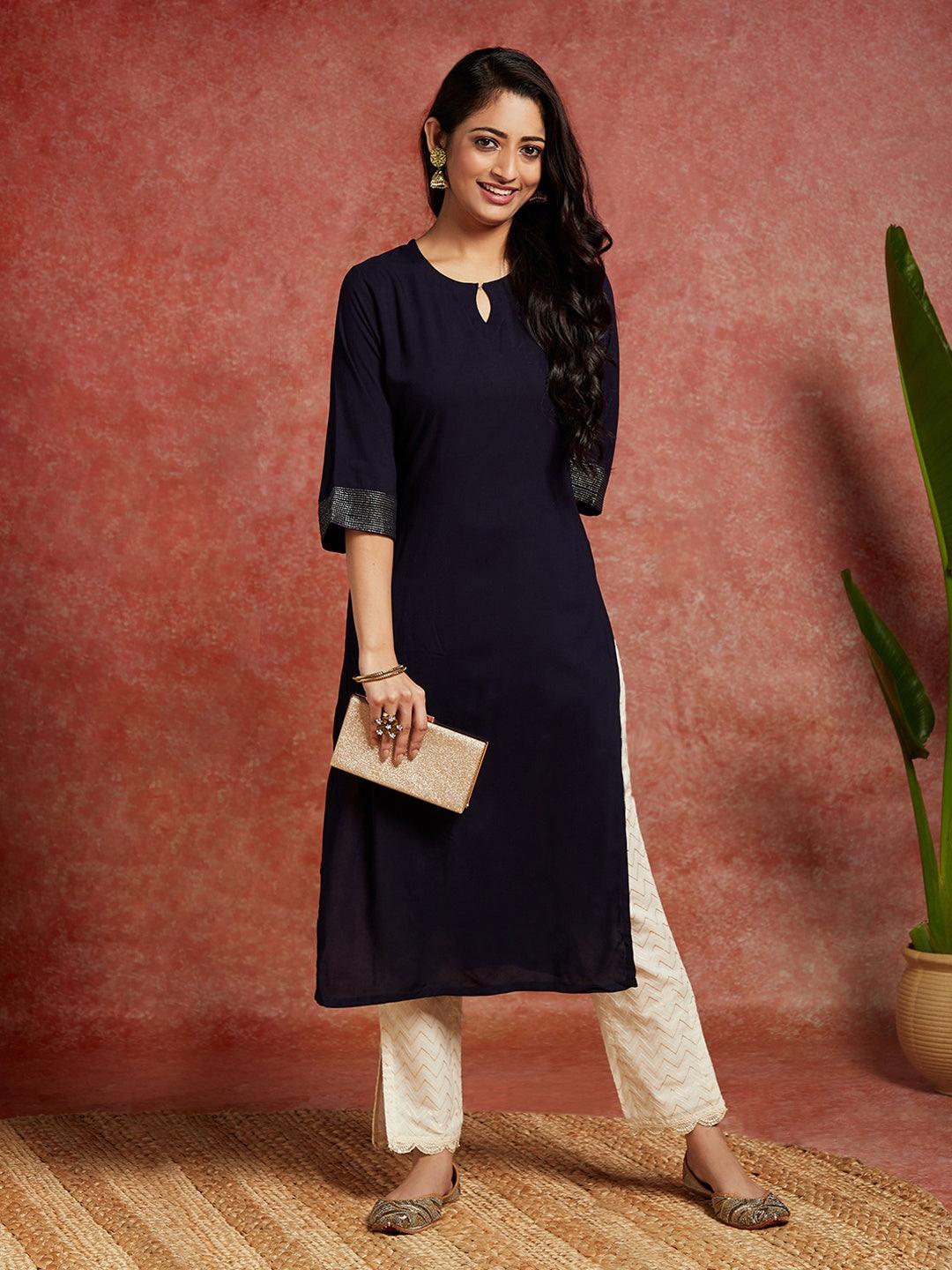 Navy Blue Solid Rayon Straight Kurta - Jashvi