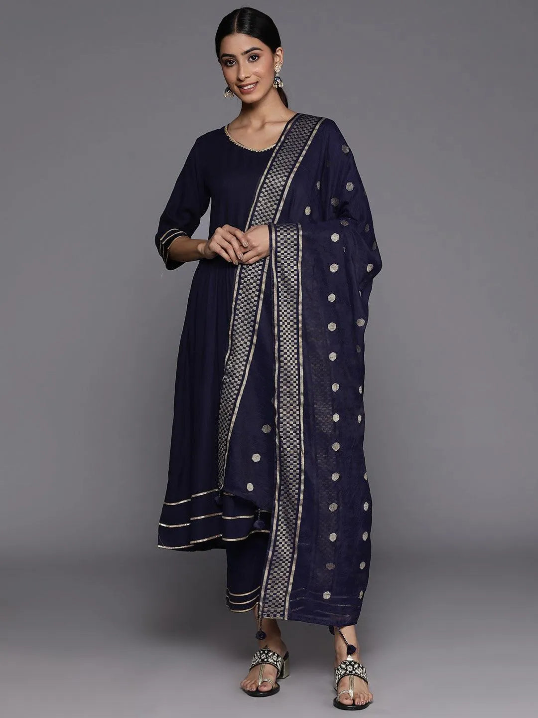 Navy Blue Solid Rayon Suit Set With Trousers - Jashvi