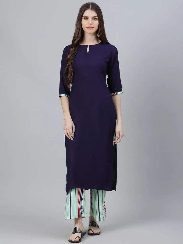 Navy Blue Solid Rayon Straight Kurta With Palazzos