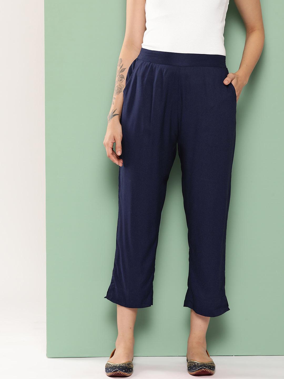 Navy Blue Solid Rayon Trousers - Jashvi