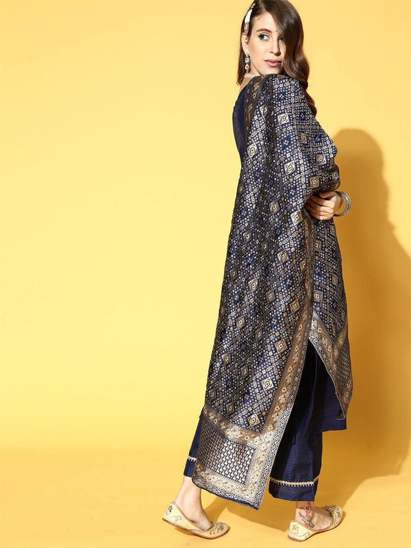 Women's Navy Blue Solid Straight Kurta Palazzo With Dupatta Set - Odette