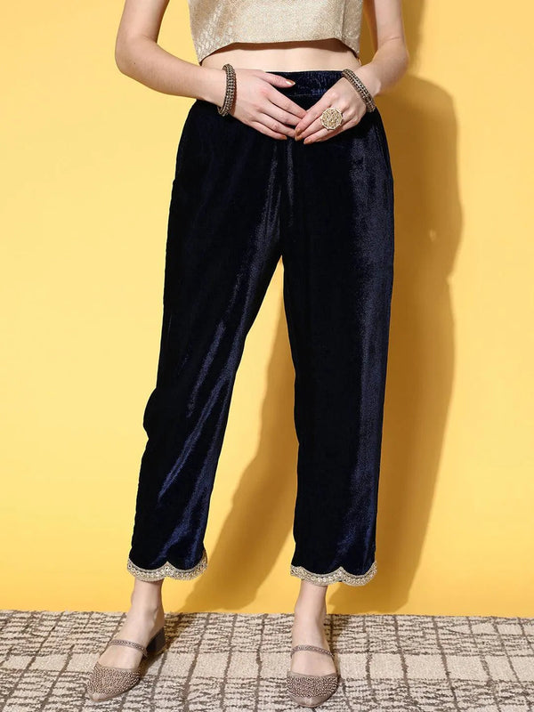 Navy Blue Solid Velvet Trousers - Jashvi