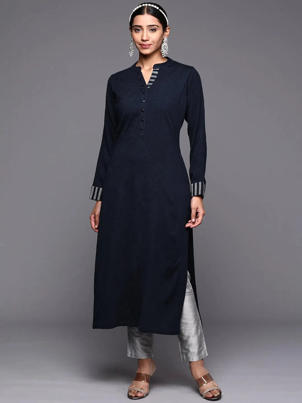 Navy Blue Solid Wool Straight Kurta - Jashvi