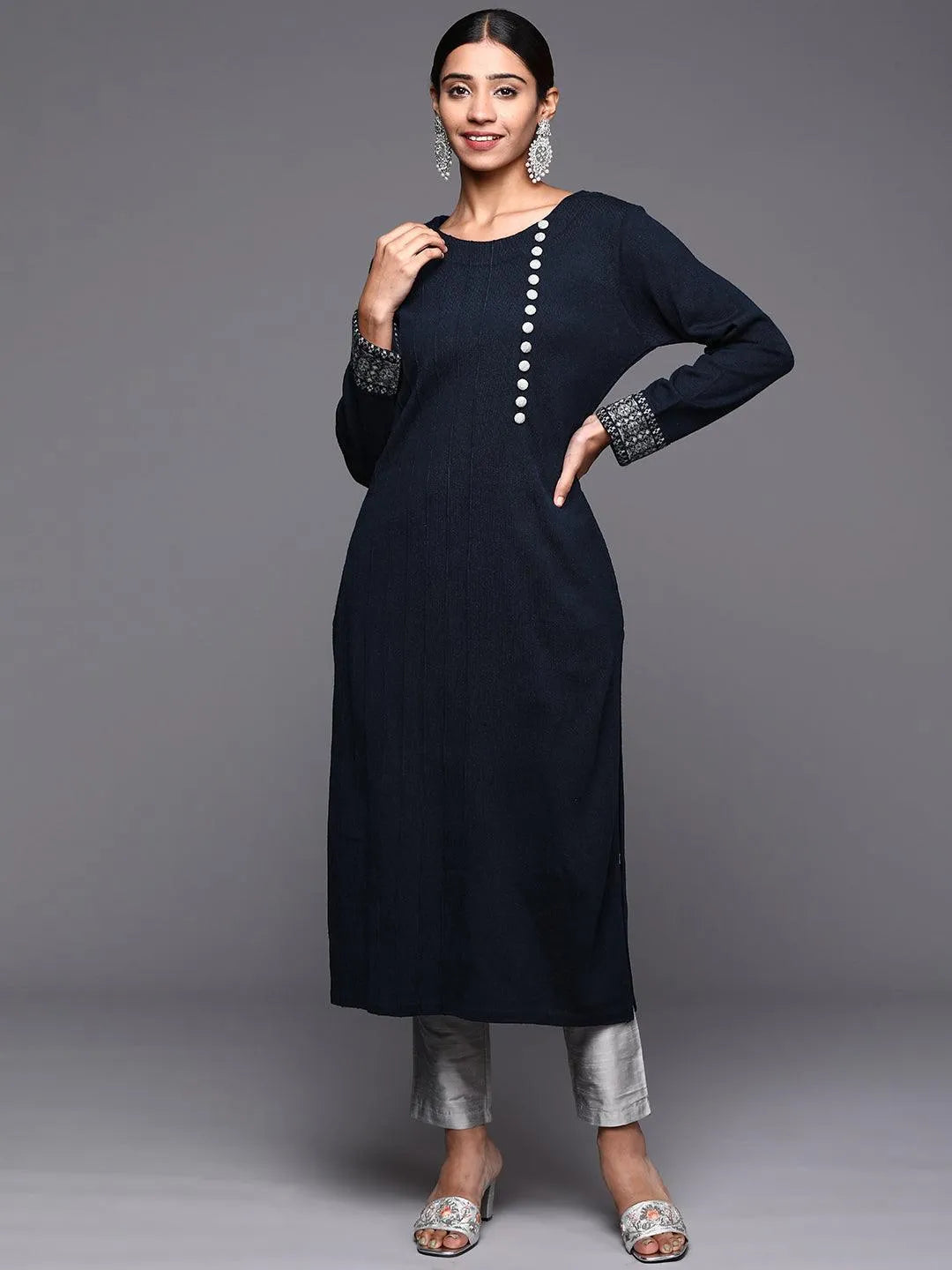 Navy Blue Solid Wool Straight Kurta - Jashvi