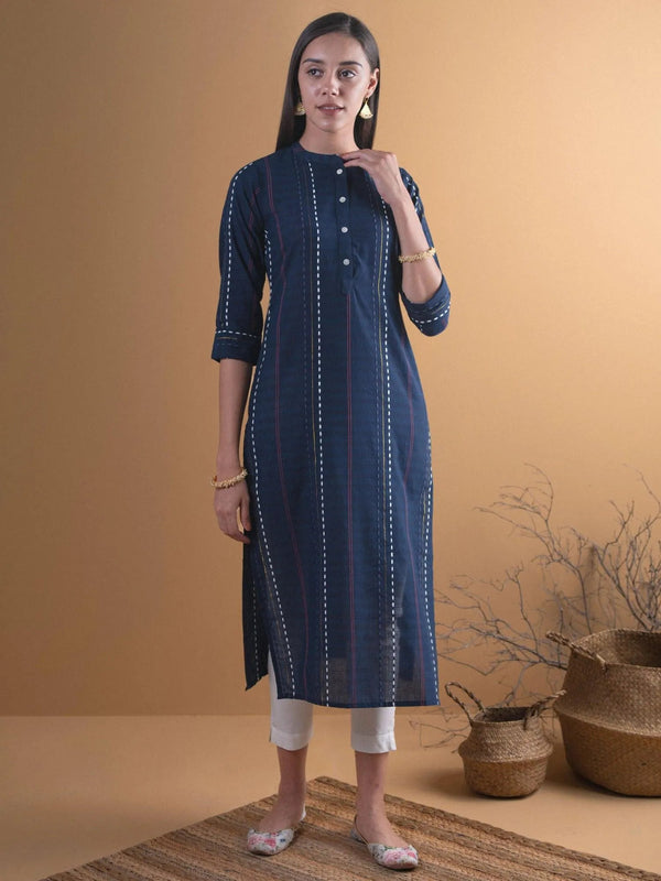 Navy Blue Striped Cotton Kurta - Jashvi