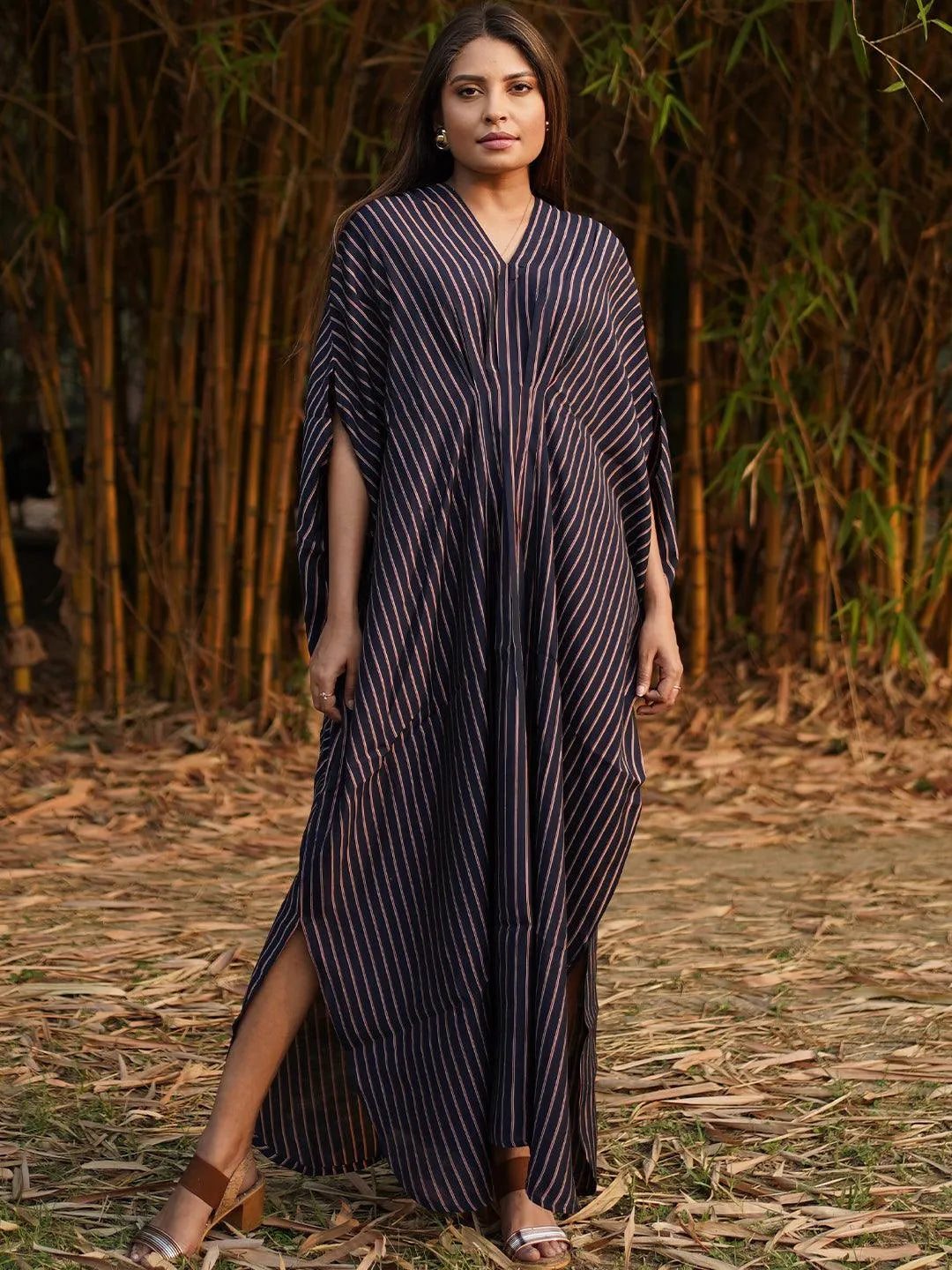 Navy Blue Striped Silk Dress - Jashvi