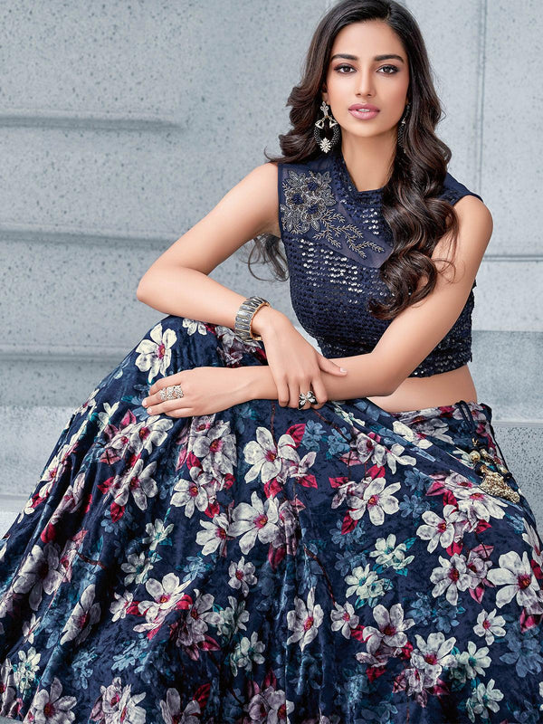 Women's Navy Blue Velvet Designer Lehenga Choli - Odette