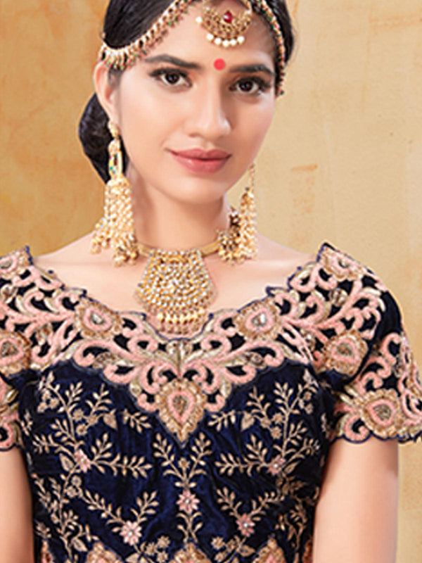 Women's Navy Blue Velvet Designer Lehenga Choli - Odette