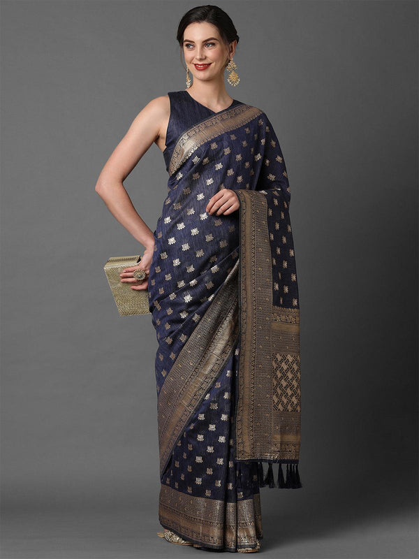 Women's Navy Blue Wedding Silk Blend Woven Design Saree With Unstitched Blouse - Odette