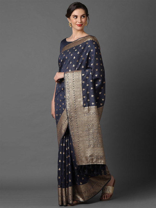 Women's Navy Blue Wedding Silk Blend Woven Design Saree With Unstitched Blouse - Odette