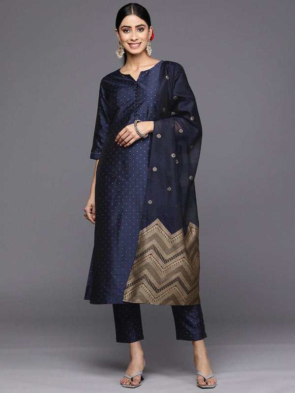 Navy Blue Woven Design Art Silk Straight Suit Set With Trousers - Jashvi