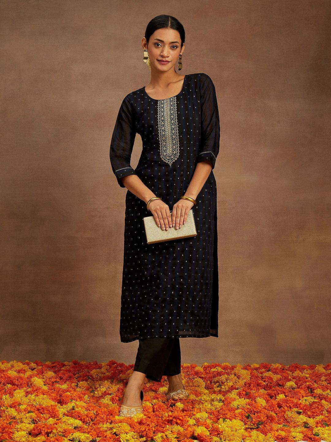 Navy Blue Woven Design Chanderi Silk Straight Kurta - Jashvi