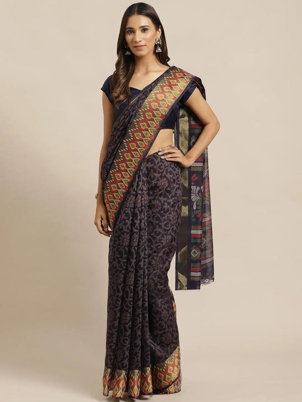 Navy Blue Woven Design Cotton Saree - Jashvi