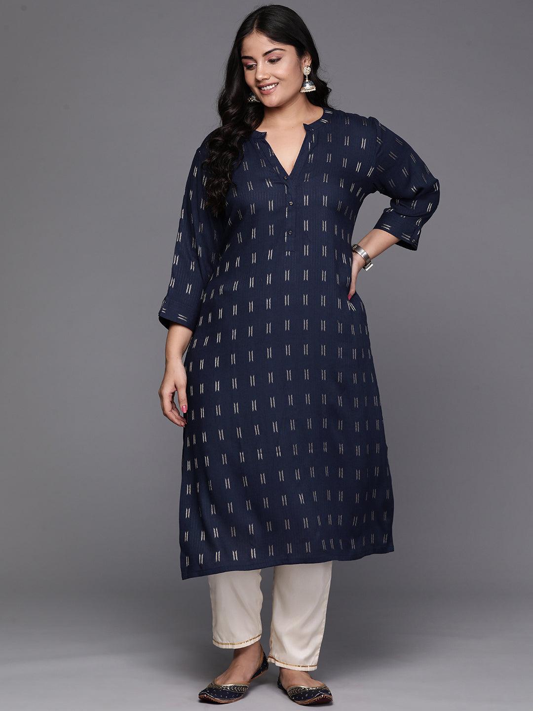 Navy Blue Woven Design Rayon Straight Kurta - Jashvi