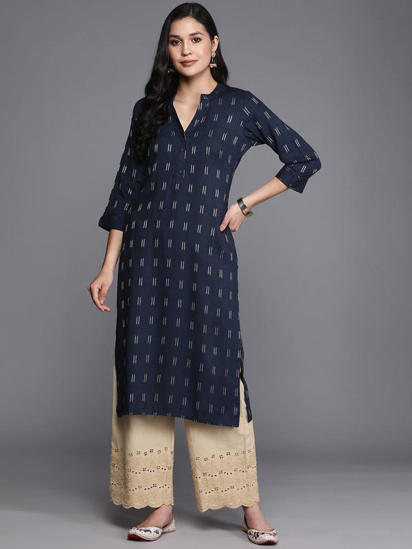 Navy Blue Woven Design Rayon Straight Kurta - Jashvi