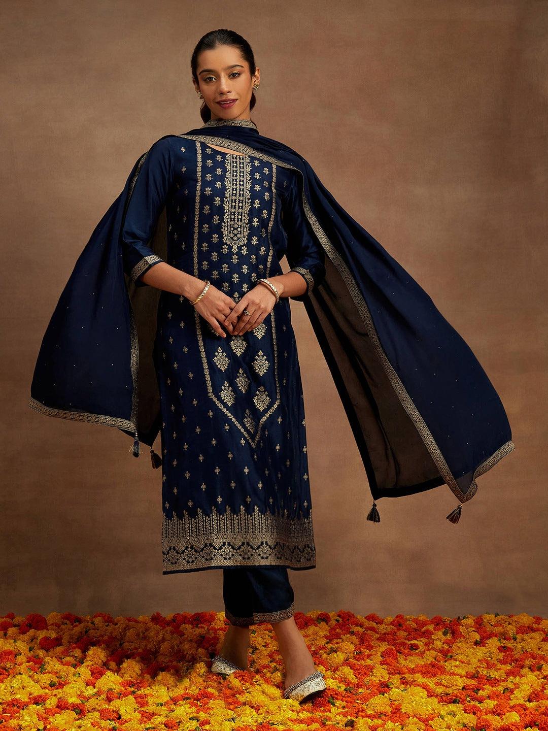 Navy Blue Woven Design Silk Blend Straight Kurta With Trousers & Dupatta - Jashvi