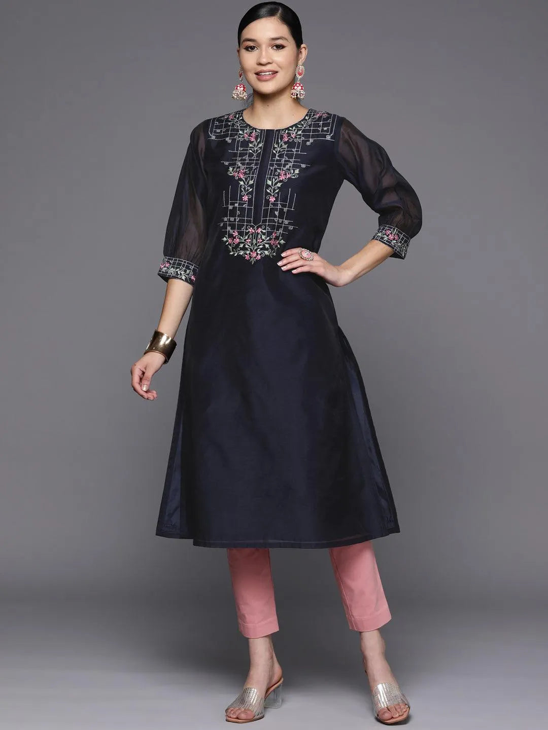 Navy Blue Yoke Design Chanderi Cotton Straight Kurta - Jashvi