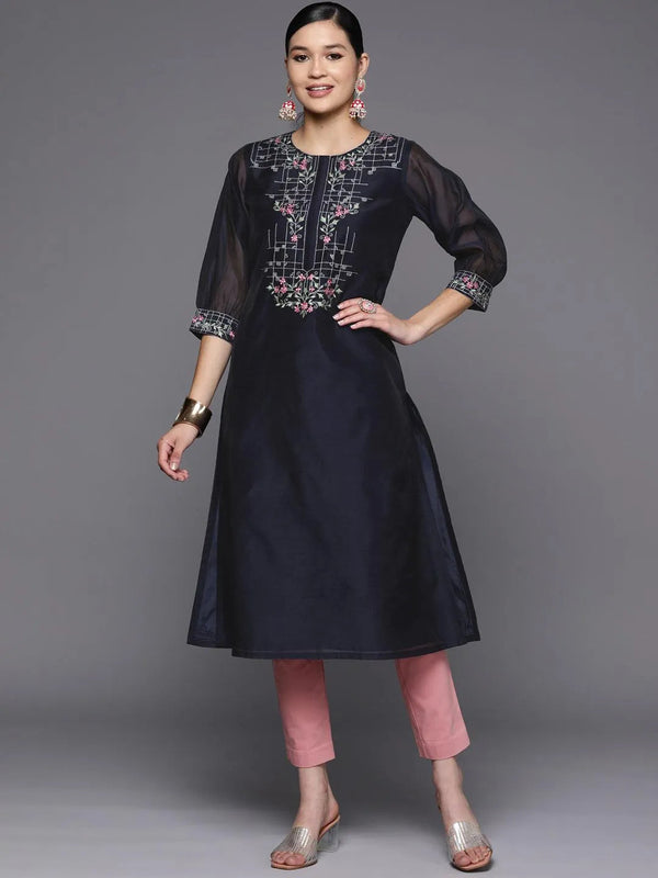 Navy Blue Yoke Design Chanderi Cotton Straight Kurta - Jashvi