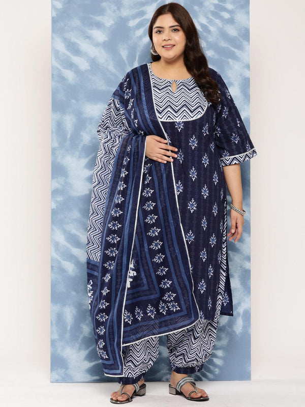 Navy Blue Yoke Design Cotton Straight Kurta With Salwar and Dupatta - Jashvi