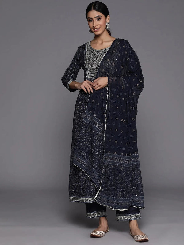 Navy Blue Yoke Design Rayon A-Line Suit Set With Trousers - Jashvi