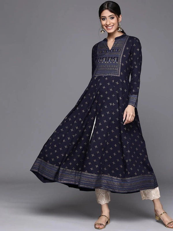 Navy Blue Yoke Design Rayon Kurta - Jashvi