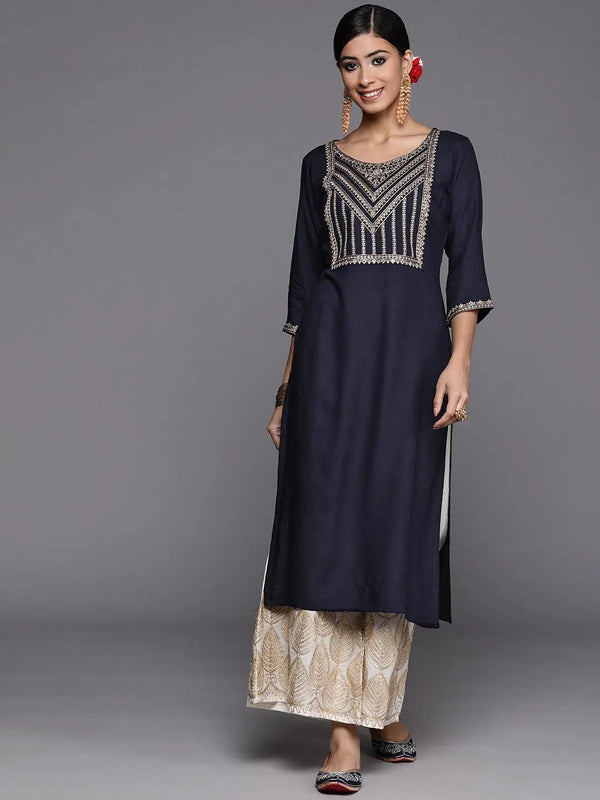 Navy Blue Yoke Design Rayon Straight Kurta - Jashvi