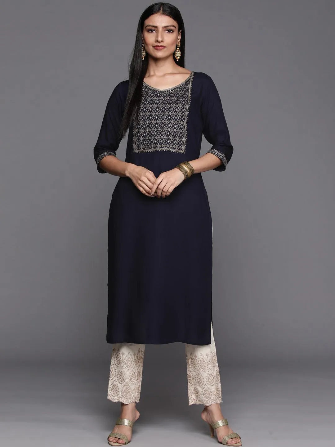 Navy Blue Yoke Design Rayon Straight Kurta - Jashvi