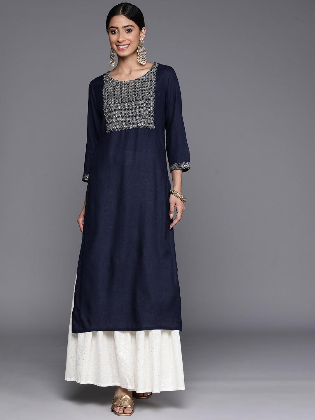 Navy Blue Yoke Design Rayon Straight Kurta - Jashvi