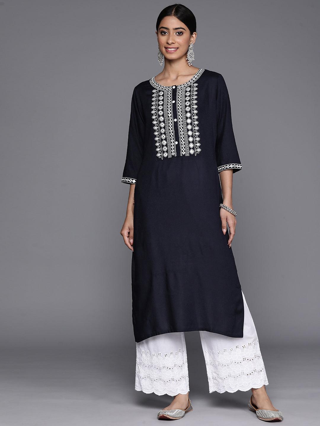 Navy Blue Yoke Design Rayon Straight Kurta - Jashvi