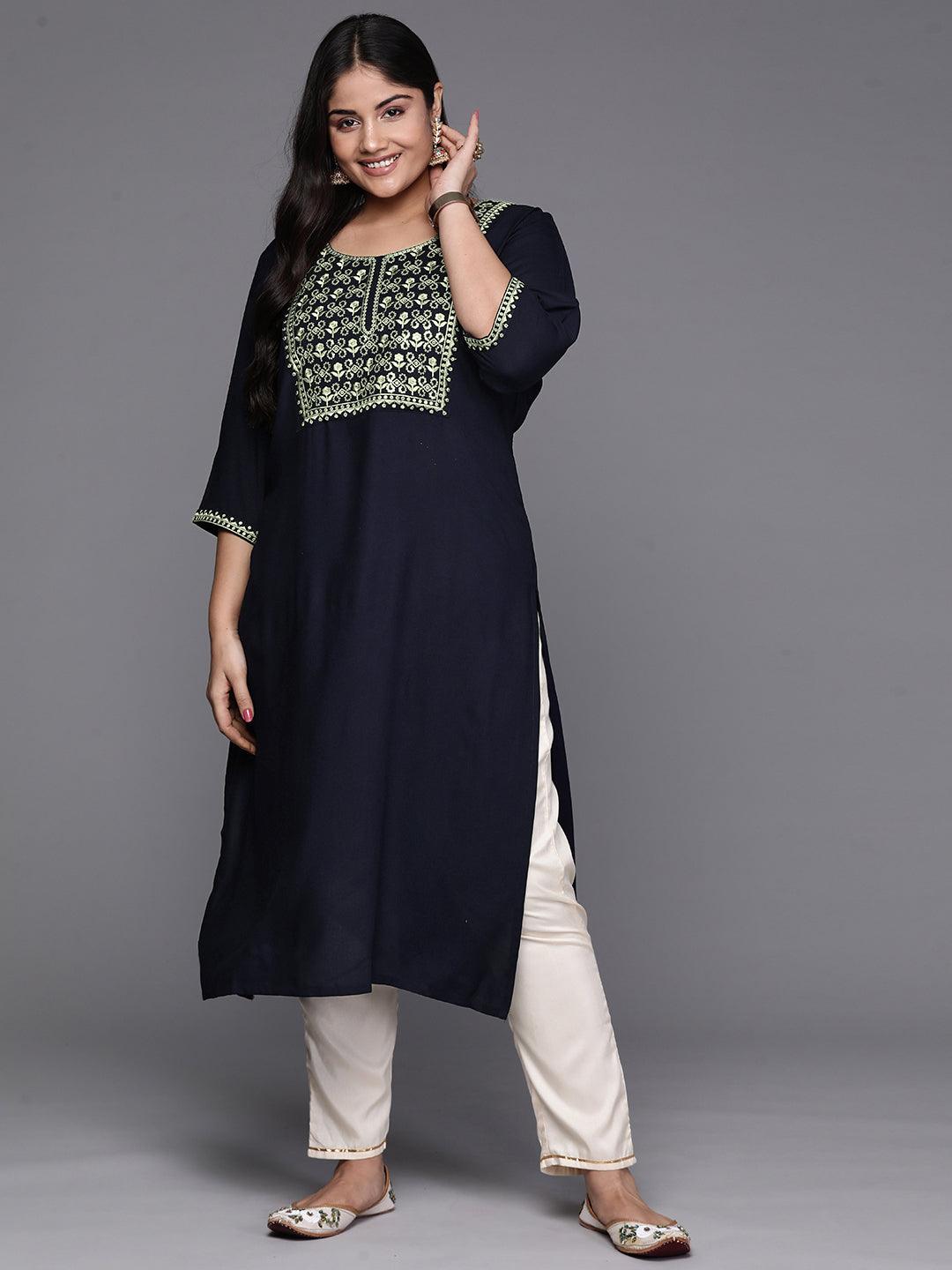 Navy Blue Yoke Design Rayon Straight Kurta - Jashvi