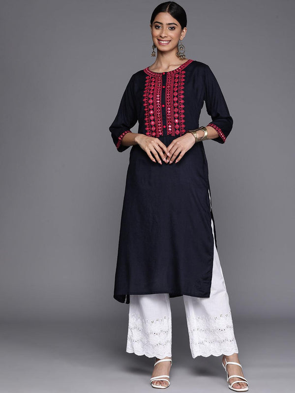 Navy Blue Yoke Design Rayon Straight Kurta - Jashvi