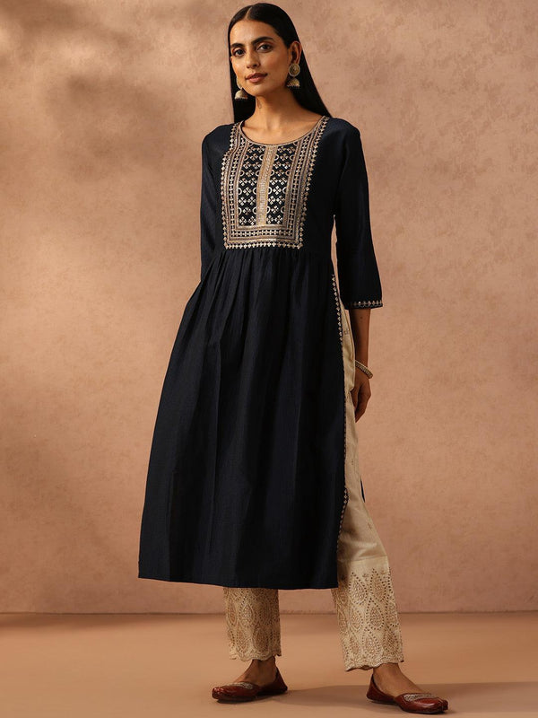 Navy Blue Yoke Design Silk A-Line Kurta - Jashvi