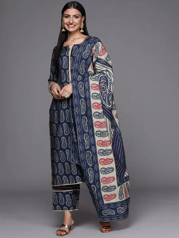 Navy Blue Yoke Design Silk Blend Straight Suit Set - Jashvi