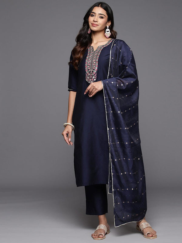 Navy Blue Yoke Design Silk Blend Straight Kurta With Trousers & Dupatta - Jashvi