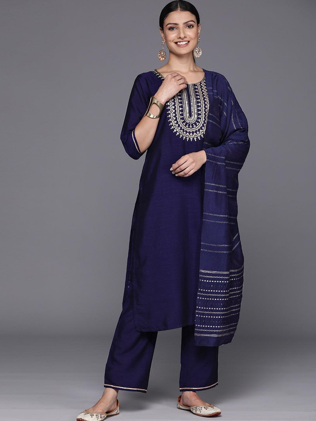 Navy Blue Yoke Design Silk Blend Straight Kurta With Trousers & Dupatta - Jashvi